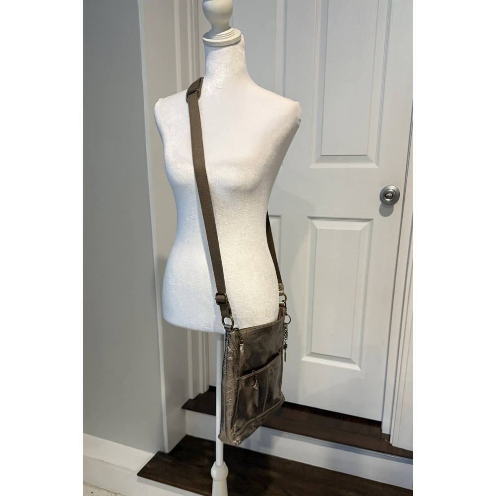 The Sak Metallic Pewter Leather Crossbody Bag Boho Charm Antiqued Brass Hardware